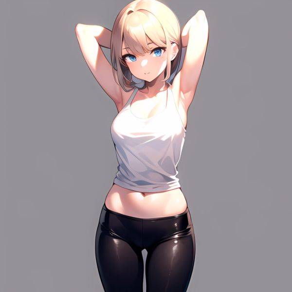 1girl Solo Tank Top Leggings Blue Eyes Standing Fully Clothed Pov Simple Background Arms Behind Head, 764588941 - AIHentai - aihentai.co on pornsimulated.com