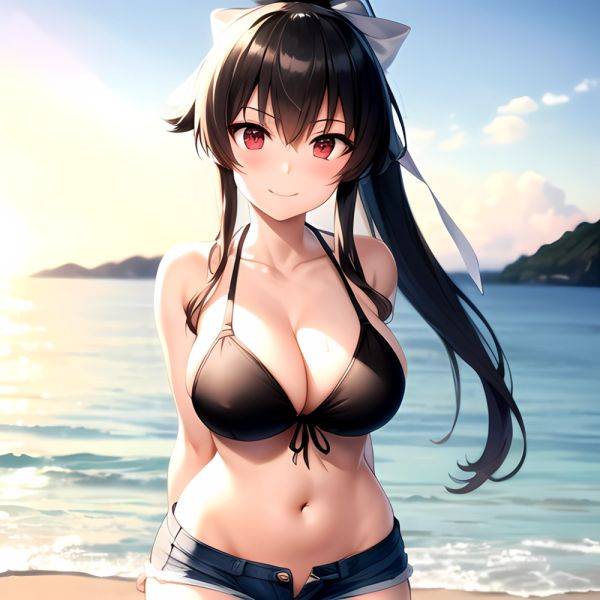 1girl Arms Behind Back Beach Bikini Bikini Under Shorts Black Bikini Black Hair Blurry Blurry Background Breasts Cleavage Closed, 3054588281 - AIHentai - aihentai.co on pornsimulated.com