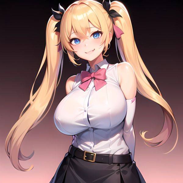 1girl Aymusk Belt Black Skirt Blonde Hair Blue Eyes Blush Bow Bowtie Breasts Curvy Elbow Gloves Fang Gloves Gradient Background, 2891768350 - AIHentai - aihentai.co on pornsimulated.com
