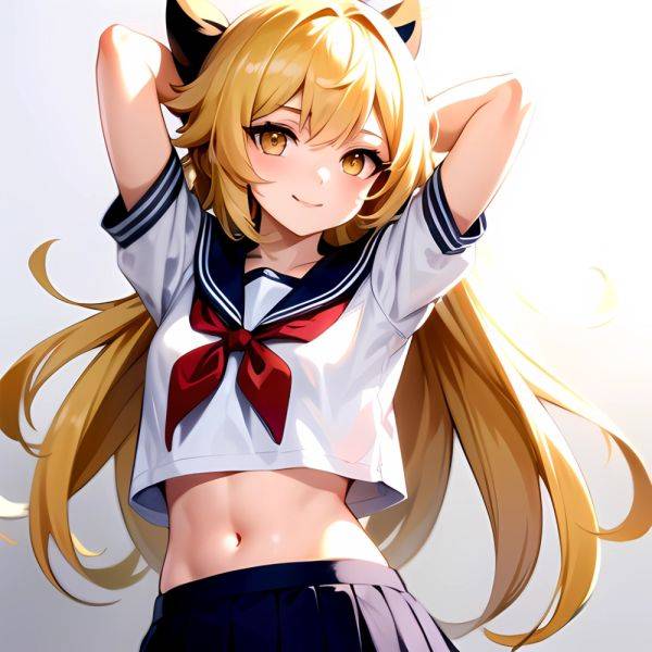 1girl Arms Up Arms Behind Head Blonde Hair Blue Skirt Bow Crop Top Crop Top Overhang Genshin Impact Gradient Background, 1553360436 - AIHentai - aihentai.co on pornsimulated.com