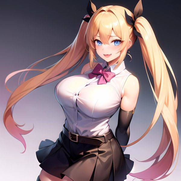 1girl Aymusk Belt Black Skirt Blonde Hair Blue Eyes Blush Bow Bowtie Breasts Curvy Elbow Gloves Fang Gloves Gradient Background, 729780536 - AIHentai - aihentai.co on pornsimulated.com