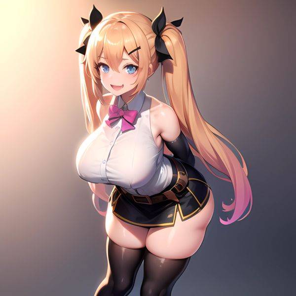 1girl Aymusk Belt Black Skirt Blonde Hair Blue Eyes Blush Bow Bowtie Breasts Curvy Elbow Gloves Fang Gloves Gradient Background, 4277812055 - AIHentai - aihentai.co on pornsimulated.com