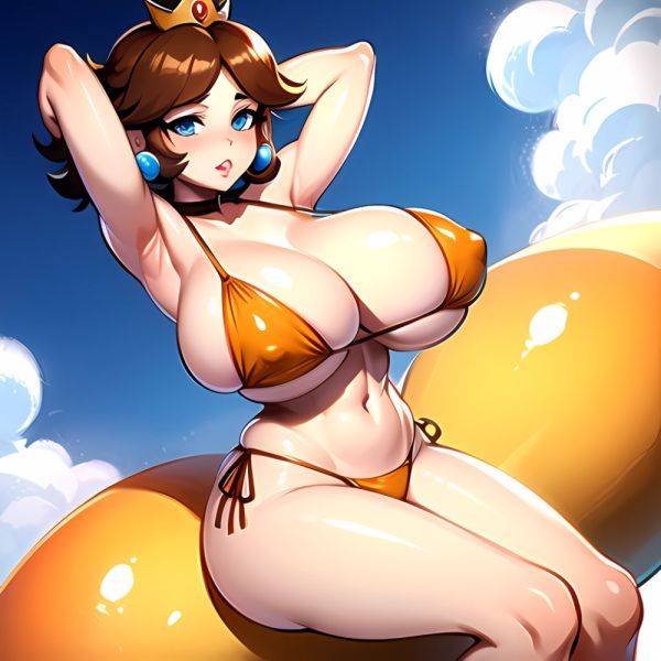 1girl Areola Slip Armpits Arms Behind Head Bikini Blue Eyes Blush Breasts Brown Hair Cleavage Huge Breasts Legs Mario Series, 3599841303 - AIHentai - aihentai.co on pornsimulated.com