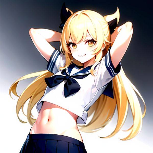 1girl Arms Up Arms Behind Head Blonde Hair Blue Skirt Bow Crop Top Crop Top Overhang Genshin Impact Gradient Background, 450366492 - AIHentai - aihentai.co on pornsimulated.com