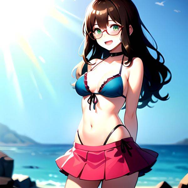 1girl D Bikini Bikini Bottom Aside Bikini Skirt Black Choker Blush Breasts Brown Hair Choker Cleavage Clothing Aside Front Tie, 1481448194 - AIHentai - aihentai.co on pornsimulated.com