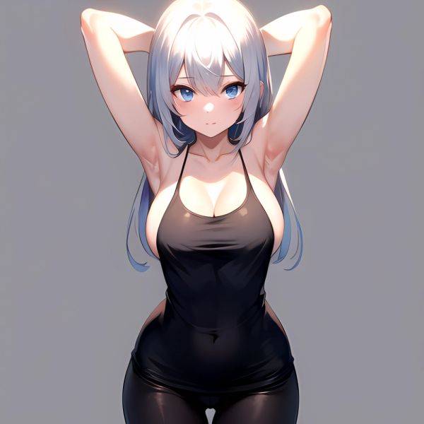 1girl Solo Tank Top Leggings Blue Eyes Standing Fully Clothed Pov Simple Background Arms Behind Head, 2210513160 - AIHentai - aihentai.co on pornsimulated.com