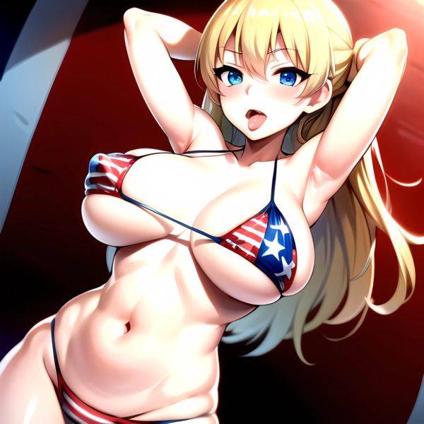 1girl American Flag Bikini Armpits Arms Behind Head Bikini Blonde Hair Blue Eyes Blush Breasts Covered Erect Nipples Flag Print, 3130953798 - AIHentai - aihentai.co - Usa on pornsimulated.com