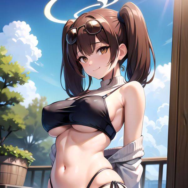 1girl Bikini Black Bikini Blue Archive Blue Sky Breasts Brown Eyes Brown Hair Closed Mouth Clothes Lift Cloud Covered Nipples, 345467886 - AIHentai - aihentai.co on pornsimulated.com