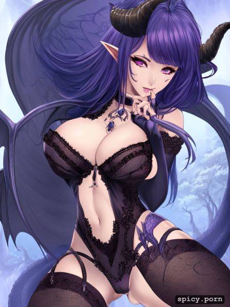 Purple hair, highres, nice natural boobs, black demonic tail - spicy.porn on pornsimulated.com