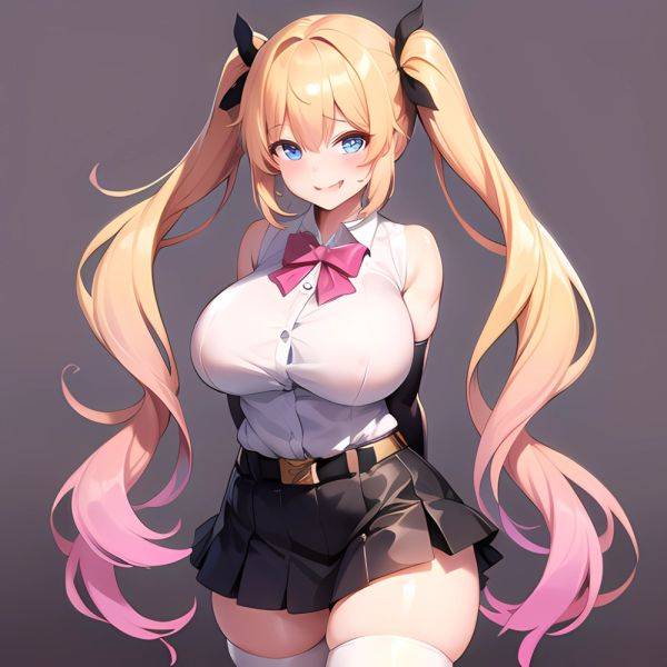 1girl Aymusk Belt Black Skirt Blonde Hair Blue Eyes Blush Bow Bowtie Breasts Curvy Elbow Gloves Fang Gloves Gradient Background, 3120359621 - AIHentai - aihentai.co on pornsimulated.com