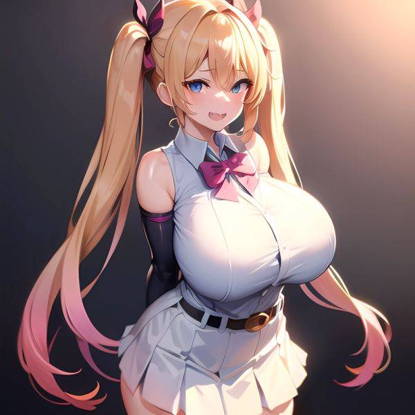 1girl Aymusk Belt White Skirt Blonde Hair Blue Eyes Blush Bow Bowtie Breasts Curvy Elbow Gloves Fang Gloves Gradient Background, 4205373178 - AIHentai - aihentai.co on pornsimulated.com