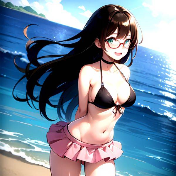 1girl D Bikini Bikini Bottom Aside Bikini Skirt Black Choker Blush Breasts Brown Hair Choker Cleavage Clothing Aside Front Tie, 1387537433 - AIHentai - aihentai.co on pornsimulated.com