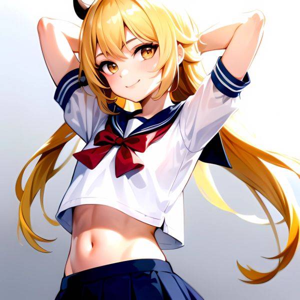 1girl Arms Up Arms Behind Head Blonde Hair Blue Skirt Bow Crop Top Crop Top Overhang Genshin Impact Gradient Background, 203047772 - AIHentai - aihentai.co on pornsimulated.com