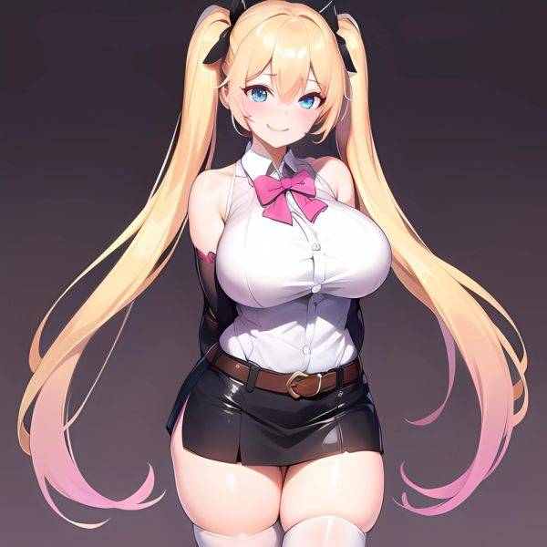 1girl Aymusk Belt Black Skirt Blonde Hair Blue Eyes Blush Bow Bowtie Breasts Curvy Elbow Gloves Fang Gloves Gradient Background, 4273673977 - AIHentai - aihentai.co on pornsimulated.com