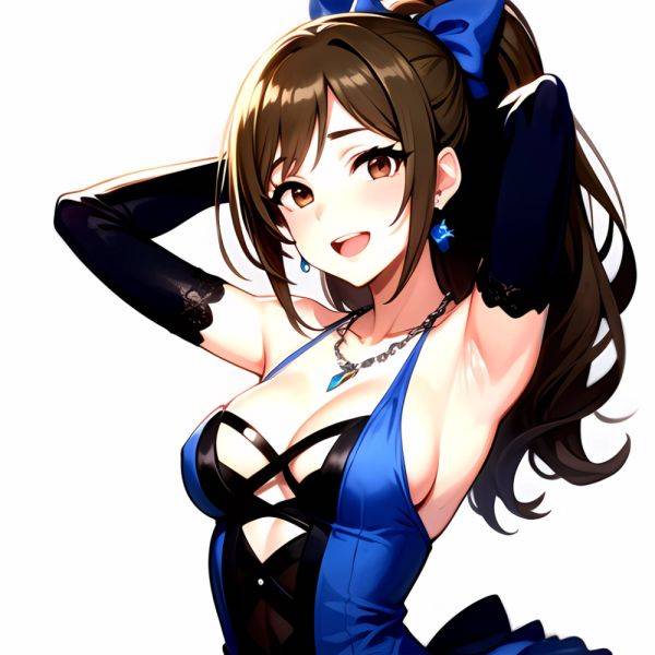 1girl Absurdres Armpits Arms Up Ayase Honoka Black Gloves Blue Bow Blue Dress Blush Bow Breasts Brown Eyes Brown Hair, 2373020613 - AIHentai - aihentai.co on pornsimulated.com