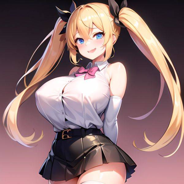 1girl Aymusk Belt Black Skirt Blonde Hair Blue Eyes Blush Bow Bowtie Breasts Curvy Elbow Gloves Fang Gloves Gradient Background, 1164615202 - AIHentai - aihentai.co on pornsimulated.com