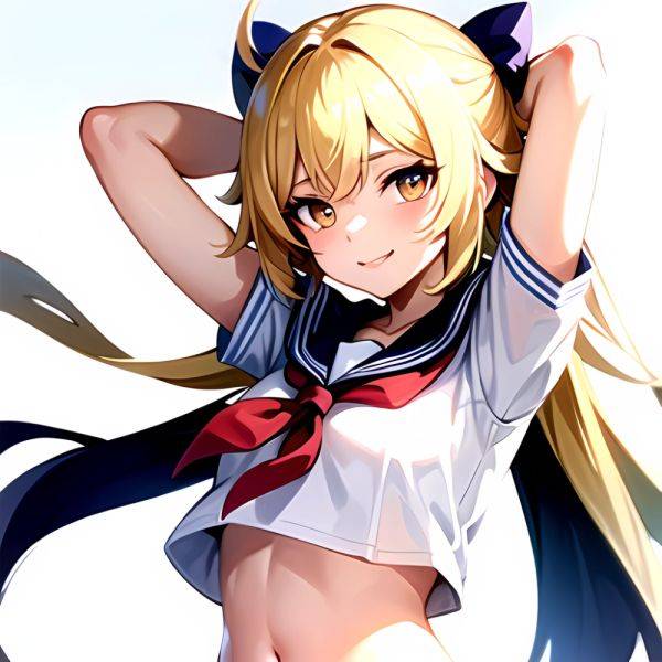 1girl Arms Up Arms Behind Head Blonde Hair Blue Skirt Bow Crop Top Crop Top Overhang Genshin Impact Gradient Background, 2584086199 - AIHentai - aihentai.co on pornsimulated.com