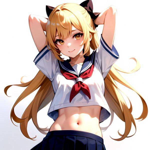 1girl Arms Up Arms Behind Head Blonde Hair Blue Skirt Bow Crop Top Crop Top Overhang Genshin Impact Gradient Background, 1131979408 - AIHentai - aihentai.co on pornsimulated.com