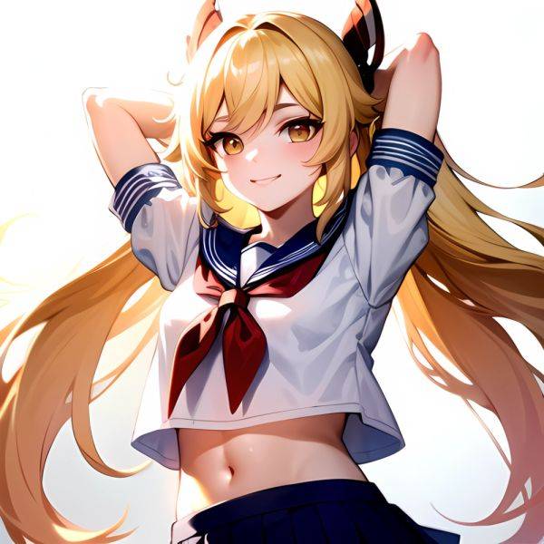 1girl Arms Up Arms Behind Head Blonde Hair Blue Skirt Bow Crop Top Crop Top Overhang Genshin Impact Gradient Background, 3835874210 - AIHentai - aihentai.co on pornsimulated.com