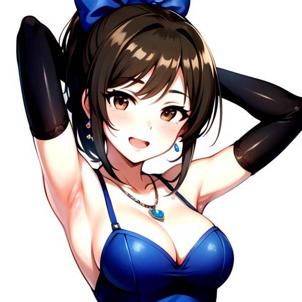 1girl Absurdres Armpits Arms Up Ayase Honoka Black Gloves Blue Bow Blue Dress Blush Bow Breasts Brown Eyes Brown Hair, 880670583 - AIHentai - aihentai.co on pornsimulated.com