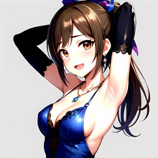 1girl Absurdres Armpits Arms Up Ayase Honoka Black Gloves Blue Bow Blue Dress Blush Bow Breasts Brown Eyes Brown Hair, 3981366491 - AIHentai - aihentai.co on pornsimulated.com