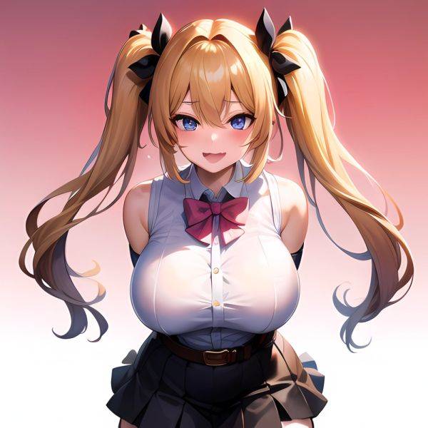 1girl Aymusk Belt Black Skirt Blonde Hair Blue Eyes Blush Bow Bowtie Breasts Curvy Elbow Gloves Fang Gloves Gradient Background, 863346921 - AIHentai - aihentai.co on pornsimulated.com