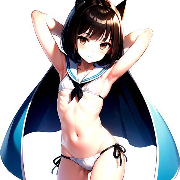 1girl Arms Up Arms Behind Head Bikini Bob Cut Brown Eyes Brown Hair Cosplay Cowboy Shot Flat Chest Headgear Inverted, 3532174243 - AIHentai - aihentai.co on pornsimulated.com