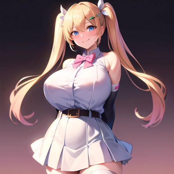 1girl Aymusk Belt White Skirt Blonde Hair Blue Eyes Blush Bow Bowtie Breasts Curvy Elbow Gloves Fang Gloves Gradient Background, 3528470901 - AIHentai - aihentai.co on pornsimulated.com