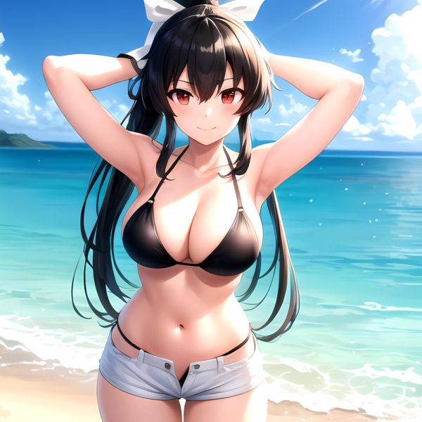 1girl Arms Behind Head Armpits Beach Bikini Bikini Under Shorts Black Bikini Black Hair Blurry Blurry Background Breasts Cleavag, 3155274047 - AIHentai - aihentai.co on pornsimulated.com