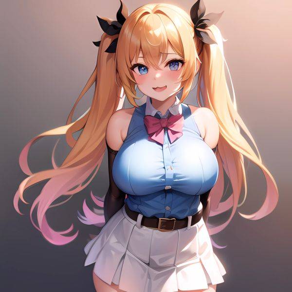 1girl Aymusk Belt White Skirt Blonde Hair Blue Eyes Blush Bow Bowtie Breasts Curvy Elbow Gloves Fang Gloves Gradient Background, 2840037598 - AIHentai - aihentai.co on pornsimulated.com