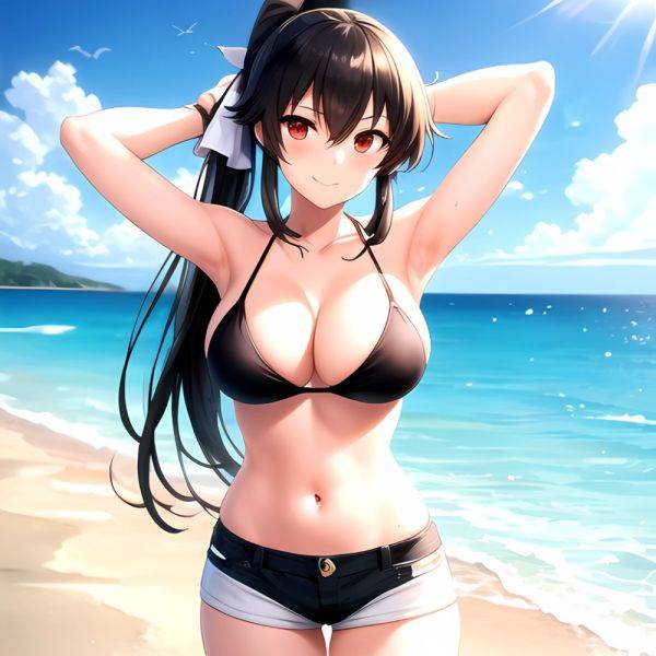 1girl Arm Behind Head Armpits Beach Bikini Bikini Under Shorts Black Bikini Black Hair Blurry Blurry Background Breasts Cleavage, 3925263024 - AIHentai - aihentai.co on pornsimulated.com