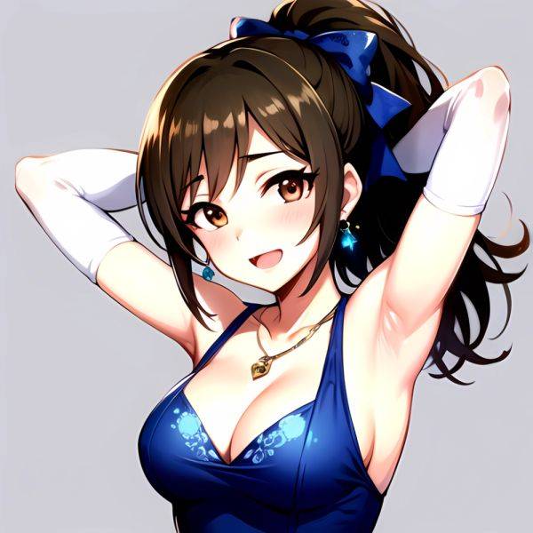 1girl Absurdres Armpits Arms Up Ayase Honoka Black Gloves Blue Bow Blue Dress Blush Bow Breasts Brown Eyes Brown Hair, 1329387266 - AIHentai - aihentai.co on pornsimulated.com