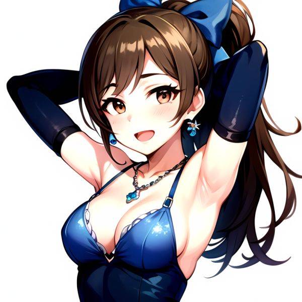 1girl Absurdres Armpits Arms Up Ayase Honoka Black Gloves Blue Bow Blue Dress Blush Bow Breasts Brown Eyes Brown Hair, 2242638443 - AIHentai - aihentai.co on pornsimulated.com