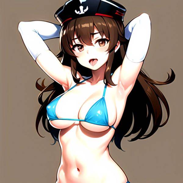 1girl Armpits Arms Behind Head Bikini Blush Breasts Brown Eyes Brown Hair Covered Erect Nipples Elbow Gloves Girls Und Panzer, 3469283771 - AIHentai - aihentai.co on pornsimulated.com