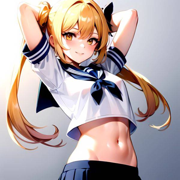 1girl Arms Up Arms Behind Head Blonde Hair Blue Skirt Bow Crop Top Crop Top Overhang Genshin Impact Gradient Background, 2223782092 - AIHentai - aihentai.co on pornsimulated.com