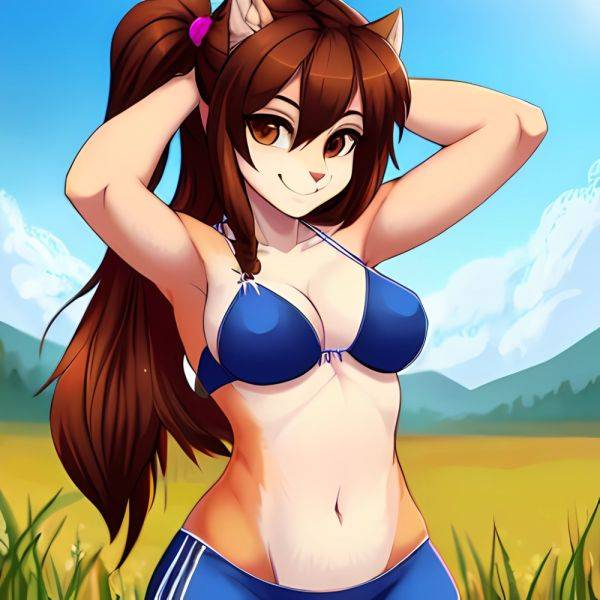 1girl Armpits Arms Behind Head Bikini Brown Eyes Brown Hair Cowboy Shot Dot Nose Flat Chest From Side Hair Ornament, 3140113056 - AIHentai - aihentai.co on pornsimulated.com