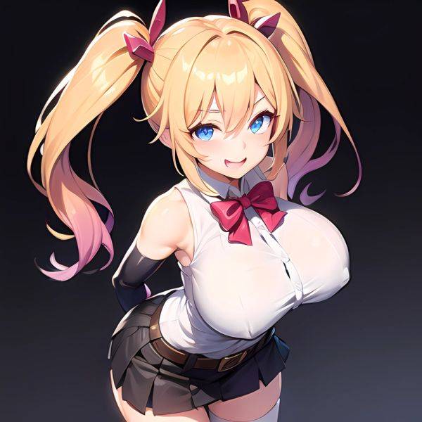 1girl Aymusk Belt Black Skirt Blonde Hair Blue Eyes Blush Bow Bowtie Breasts Curvy Elbow Gloves Fang Gloves Gradient Background, 2691726169 - AIHentai - aihentai.co on pornsimulated.com