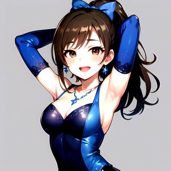 1girl Absurdres Armpits Arms Up Ayase Honoka Black Gloves Blue Bow Blue Dress Blush Bow Breasts Brown Eyes Brown Hair, 1874239029 - AIHentai - aihentai.co on pornsimulated.com