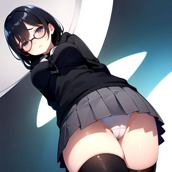 1girl Black Hair Black Necktie Black Thighhighs Breasts Cameltoe From Below Glasses Grey Eyes Grey Hoodie Highres Hood Hoodie Me, 3363530056 - AIHentai - aihentai.co on pornsimulated.com