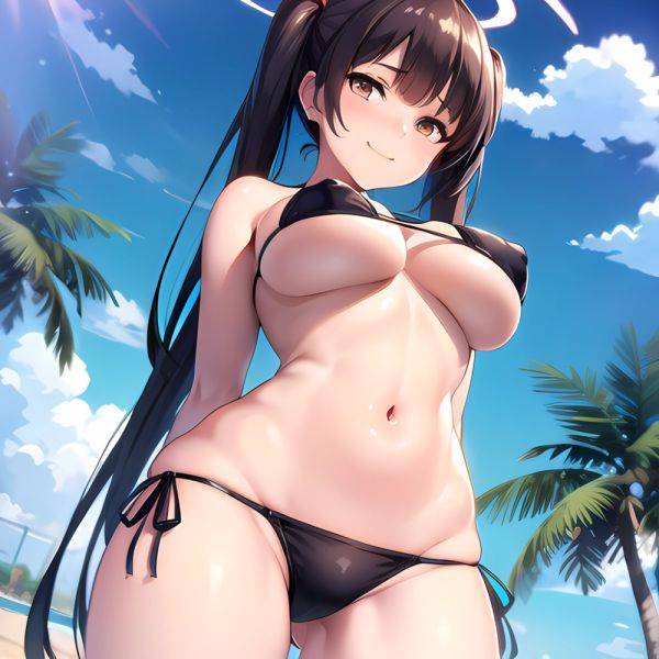 1girl Bikini Black Bikini Blue Archive Blue Sky Breasts Brown Eyes Brown Hair Closed Mouth Clothes Lift Cloud Covered Nipples, 1112897717 - AIHentai - aihentai.co on pornsimulated.com