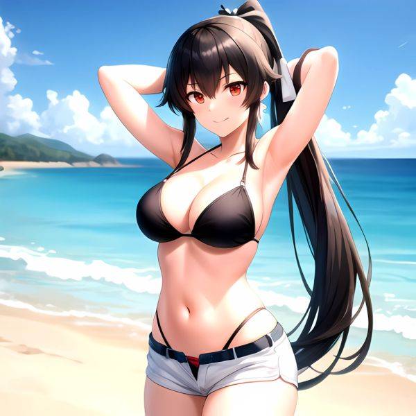 1girl Arms Behind Head Armpits Beach Bikini Bikini Under Shorts Black Bikini Black Hair Blurry Blurry Background Breasts Cleavag, 26334941 - AIHentai - aihentai.co on pornsimulated.com