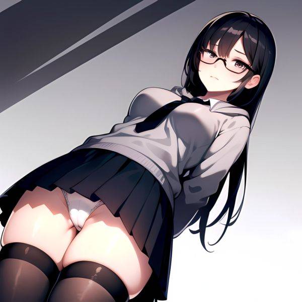 1girl Black Hair Black Necktie Black Thighhighs Breasts Cameltoe From Below Glasses Grey Eyes Grey Hoodie Highres Hood Hoodie Me, 2869097804 - AIHentai - aihentai.co on pornsimulated.com