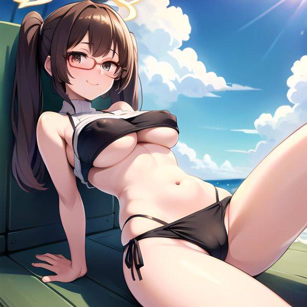 1girl Bikini Black Bikini Blue Archive Blue Sky Breasts Brown Eyes Brown Hair Closed Mouth Clothes Lift Cloud Covered Nipples, 901033534 - AIHentai - aihentai.co on pornsimulated.com