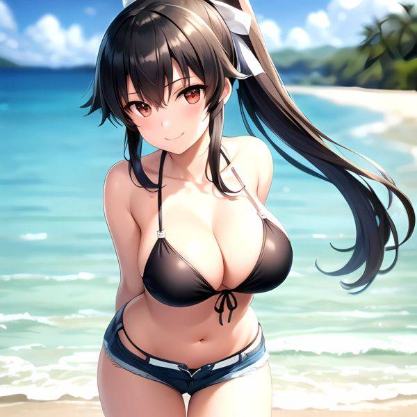 1girl Arms Behind Back Beach Bikini Bikini Under Shorts Black Bikini Black Hair Blurry Blurry Background Breasts Cleavage Closed, 952884857 - AIHentai - aihentai.co on pornsimulated.com