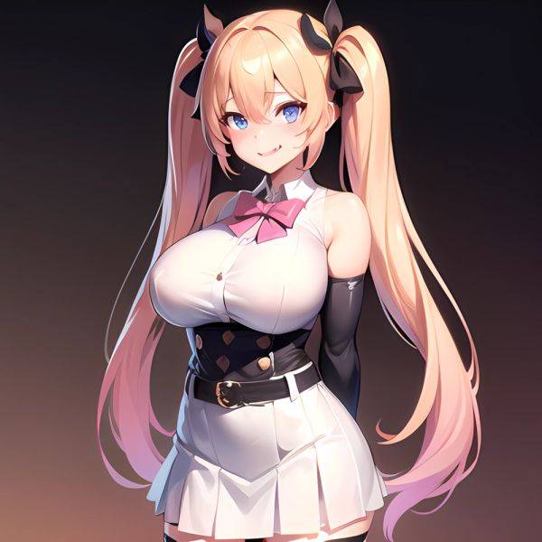 1girl Aymusk Belt White Skirt Blonde Hair Blue Eyes Blush Bow Bowtie Breasts Curvy Elbow Gloves Fang Gloves Gradient Background, 567926423 - AIHentai - aihentai.co on pornsimulated.com