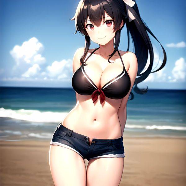 1girl Arms Behind Back Beach Bikini Bikini Under Shorts Black Bikini Black Hair Blurry Blurry Background Breasts Cleavage Closed, 207140716 - AIHentai - aihentai.co on pornsimulated.com