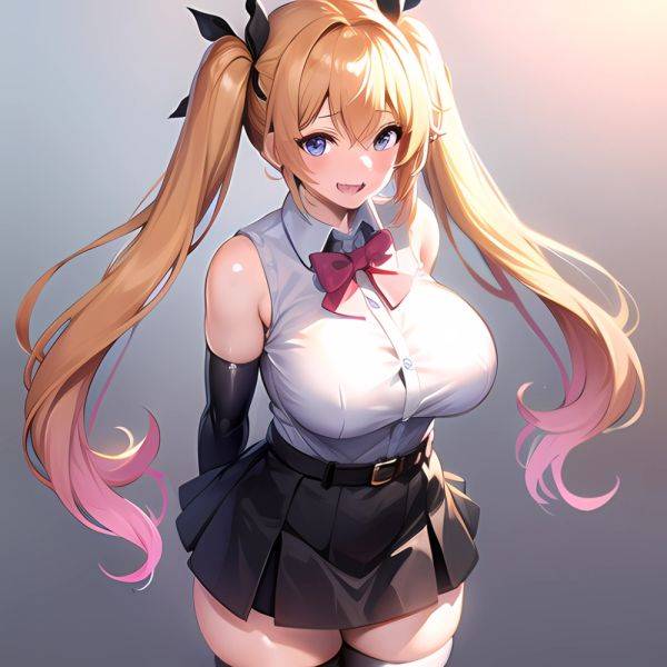 1girl Aymusk Belt Black Skirt Blonde Hair Blue Eyes Blush Bow Bowtie Breasts Curvy Elbow Gloves Fang Gloves Gradient Background, 1824059441 - AIHentai - aihentai.co on pornsimulated.com