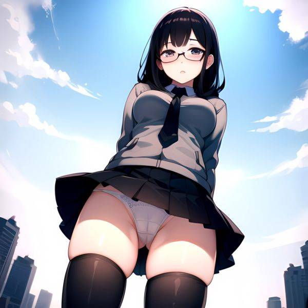 1girl Black Hair Black Necktie Black Thighhighs Breasts Cameltoe From Below Glasses Grey Eyes Grey Hoodie Highres Hood Hoodie Me, 1937449585 - AIHentai - aihentai.co on pornsimulated.com