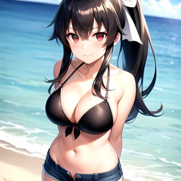 1girl Arms Behind Back Beach Bikini Bikini Under Shorts Black Bikini Black Hair Blurry Blurry Background Breasts Cleavage Closed, 2535265670 - AIHentai - aihentai.co on pornsimulated.com