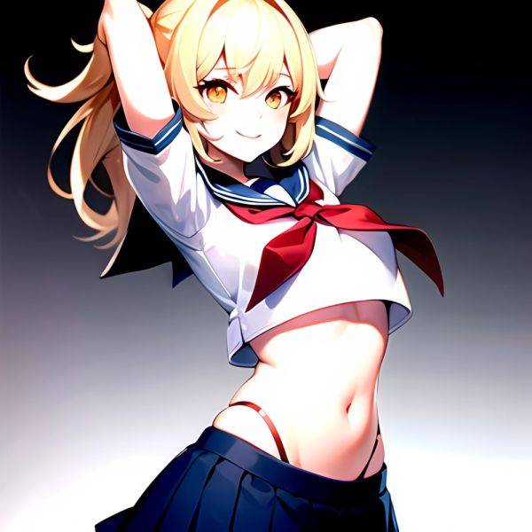 1girl Arms Up Arms Behind Head Blonde Hair Blue Skirt Bow Crop Top Crop Top Overhang Genshin Impact Gradient Background, 3345311706 - AIHentai - aihentai.co on pornsimulated.com